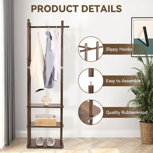 Wood Coat Rack with 3 Shelves and 5 Hooks