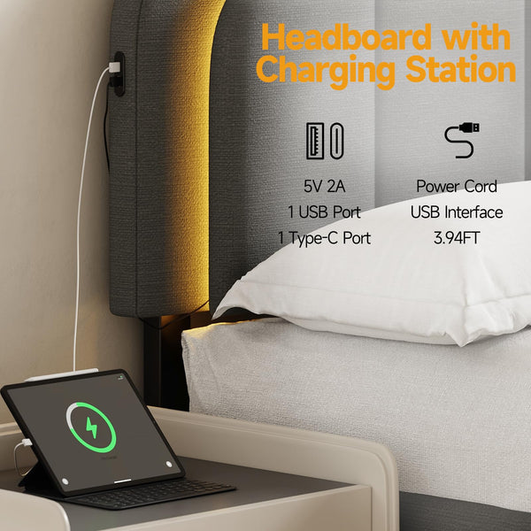 Upholstered Wavy Headboard Full/Queen with USB, RGB LED & Adjustable Height