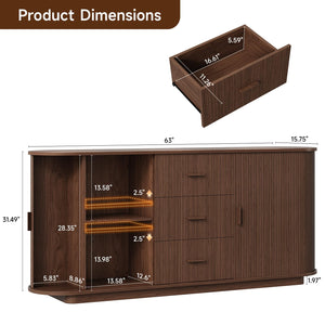 63" Fluted Sideboard Buffet Cabinet with 3 Drawers & 2 Doors