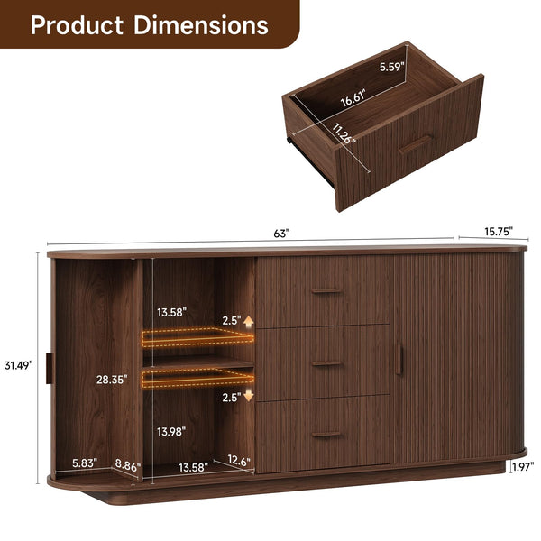 63" Fluted Sideboard Buffet Cabinet with 3 Drawers & 2 Doors