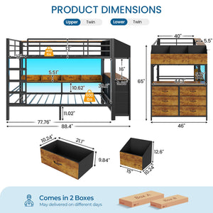 Twin Over Twin Bunk Bed with Storage, LED Lights & Charging Station