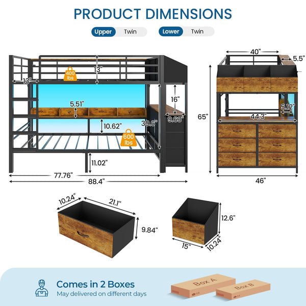 Twin Over Twin Bunk Bed with Storage, LED Lights & Charging Station