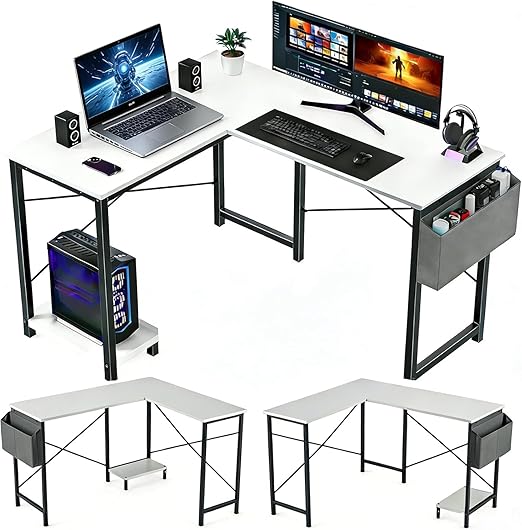 L-Shaped Desk 50 Inch – Reversible Corner Computer Desk with CPU Stand & Storage Bag