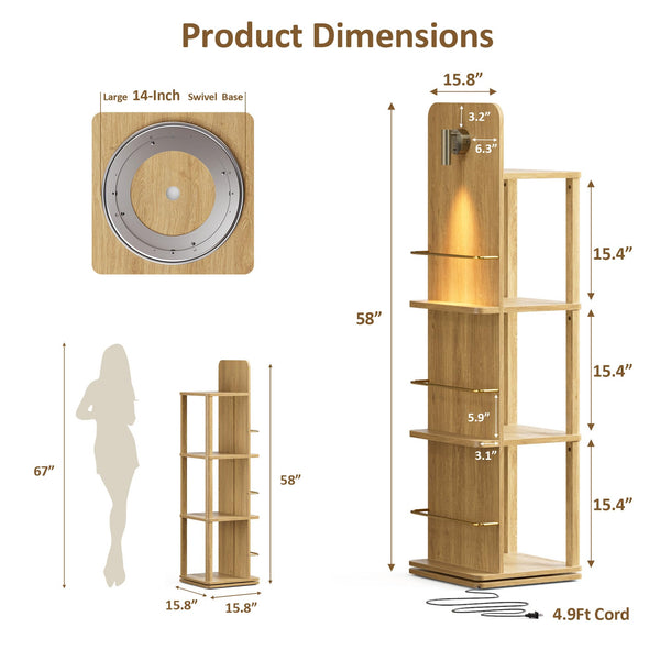 4-Tier Rotating Bookshelf Tower with Light