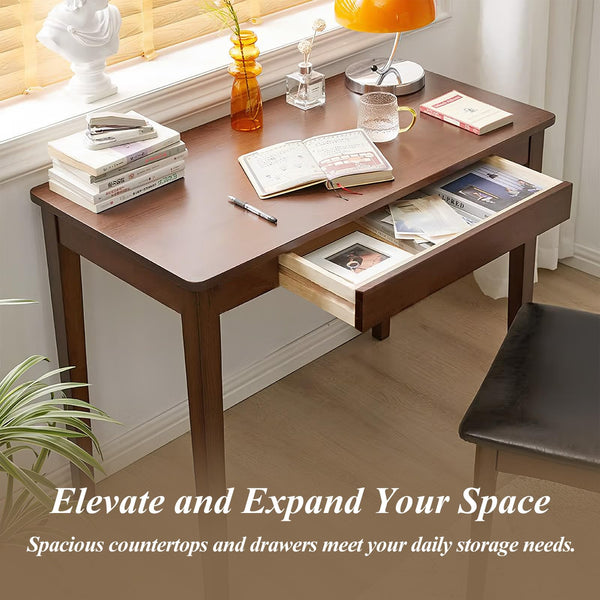 Solid Wood Computer Desk with Drawers – Mid-Century Modern Writing Desk
