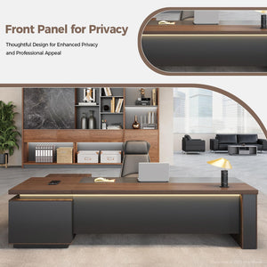 L-Shaped Executive Desk with LED Accent Light, Locking Drawers & 3-in-1 Charging Station