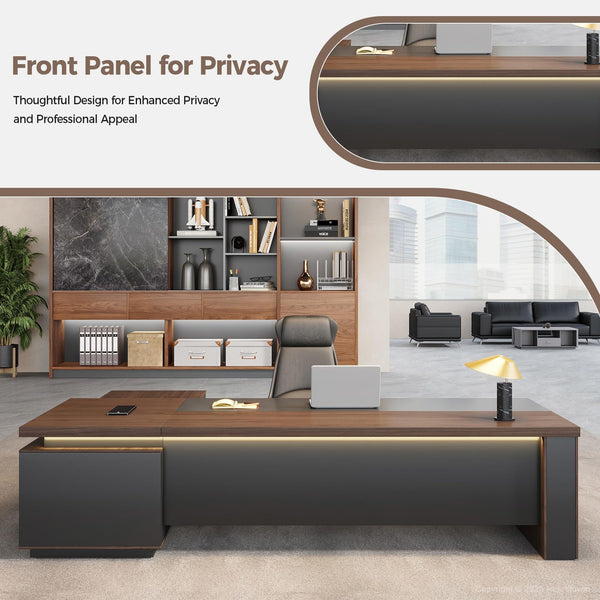 L-Shaped Executive Desk with LED Accent Light, Locking Drawers & 3-in-1 Charging Station