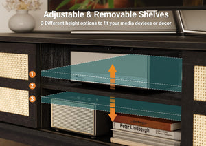 Boho TV Stand with Rattan Storage Cabinets – Fits Up to 70" TV