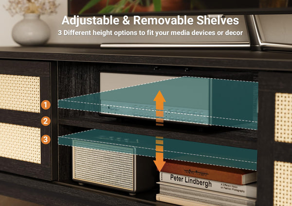 Boho TV Stand with Rattan Storage Cabinets – Fits Up to 70" TV