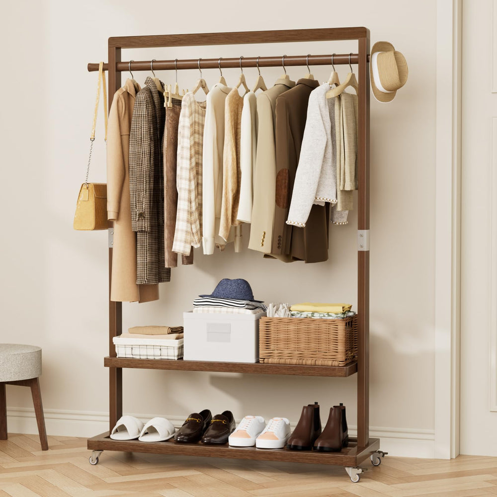 Solid Wood Freestanding Clothes Rack with Wheels
