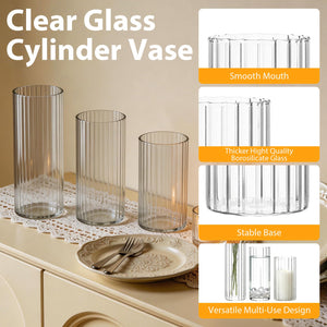 Ribbed Glass Vases Set of 24 – Bulk Clear Glass Centerpiece Vases with Assorted Heights
