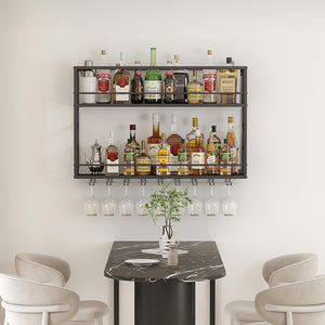 Wall Mounted 2-Tier Metal Wine Rack with Glass Holder