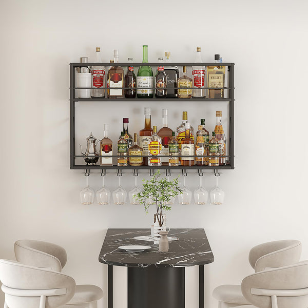 Wall Mounted 2-Tier Metal Wine Rack with Glass Holder