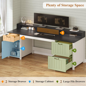 63-Inch Farmhouse Executive Desk with File Drawers, Monitor Stand & Storage Cabinet