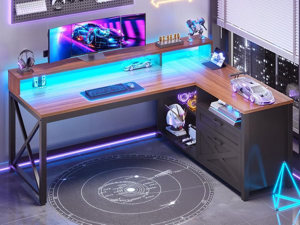 L-Shaped Desk with Drawers, LED Lights & Power Outlet