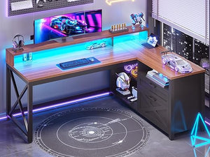 L-Shaped Desk with Drawers, LED Lights & Power Outlet