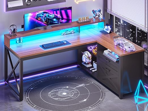 L-Shaped Desk with Drawers, LED Lights & Power Outlet