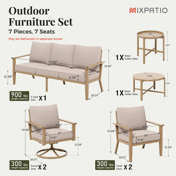 7-Piece Outdoor Patio Conversation Set with Swivel Chairs & Thick Cushions