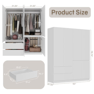 4-Door Armoire Wardrobe Closet with Drawers & Hanging Rod