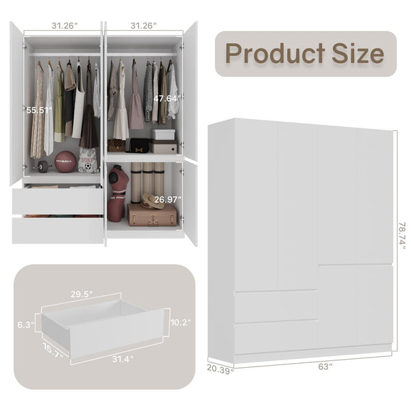 4-Door Armoire Wardrobe Closet with Drawers & Hanging Rod