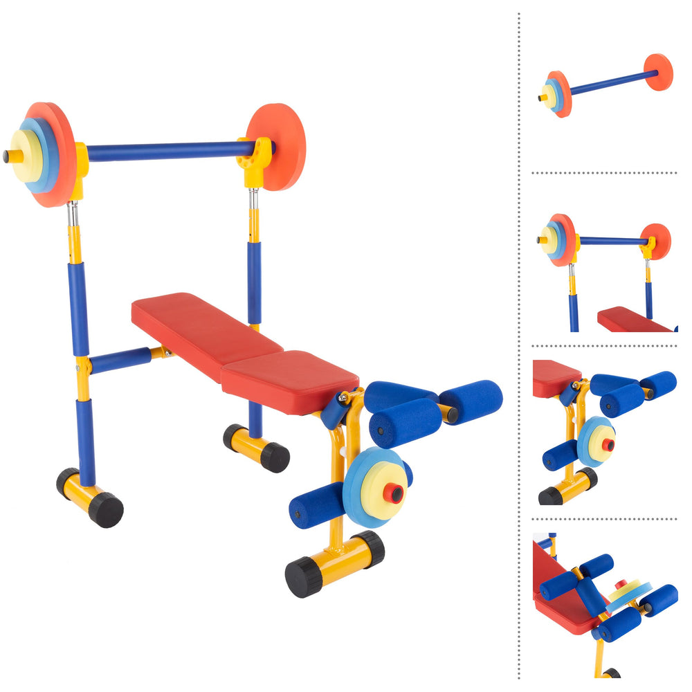 Kids Weight Bench Set & Exercise Bike – Toddler Gym with Leg Press & Barbell