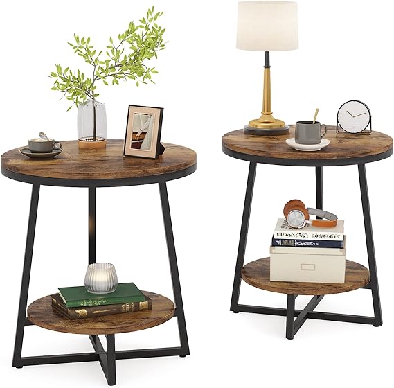 2-Tier Round Industrial End Table with Storage Shelf
