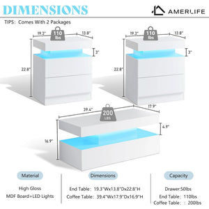 3-Piece LED Coffee Table Set with End Tables & Charging Station