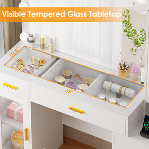 Large Vanity Desk with Mirror and Lights – Glass Top, 5 Drawers, Stool & Power Outlet