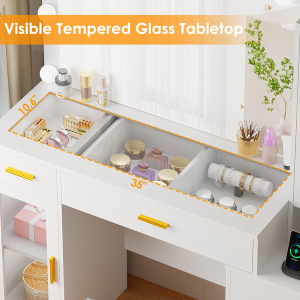 Large Vanity Desk with Mirror and Lights – Glass Top, 5 Drawers, Stool & Power Outlet