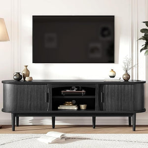 Mid-Century TV Stand with Power Outlets & Fluted Sliding Doors