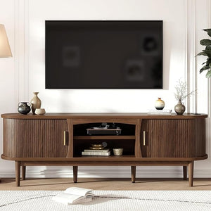 Mid-Century TV Stand with Power Outlets & Fluted Sliding Doors