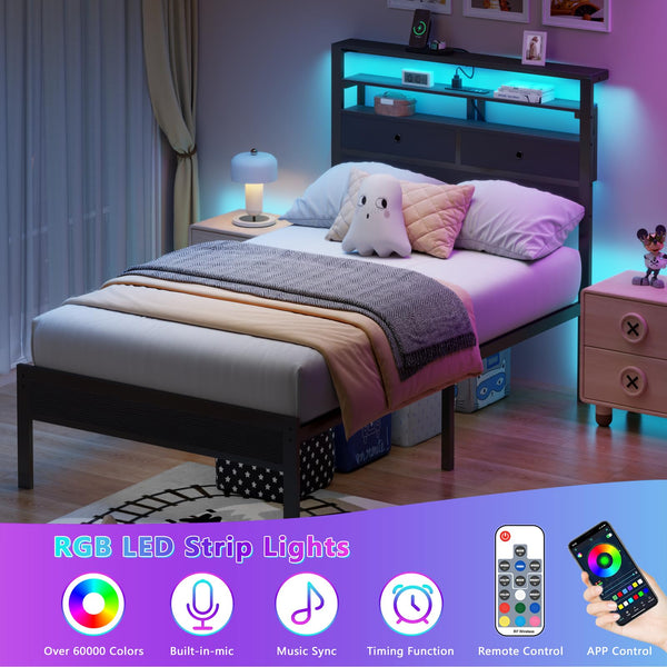 Platform Bed Frame with LED Lights, Charging Station & Storage Headboard
