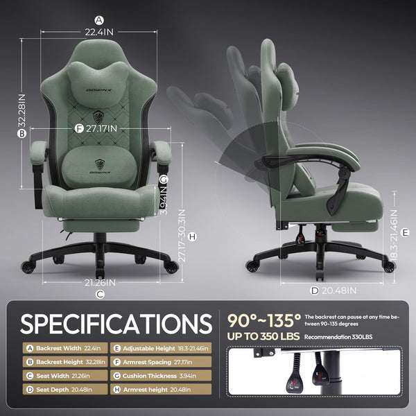 Ergonomic Fabric Gaming Chair with Heated Massage & Footrest
