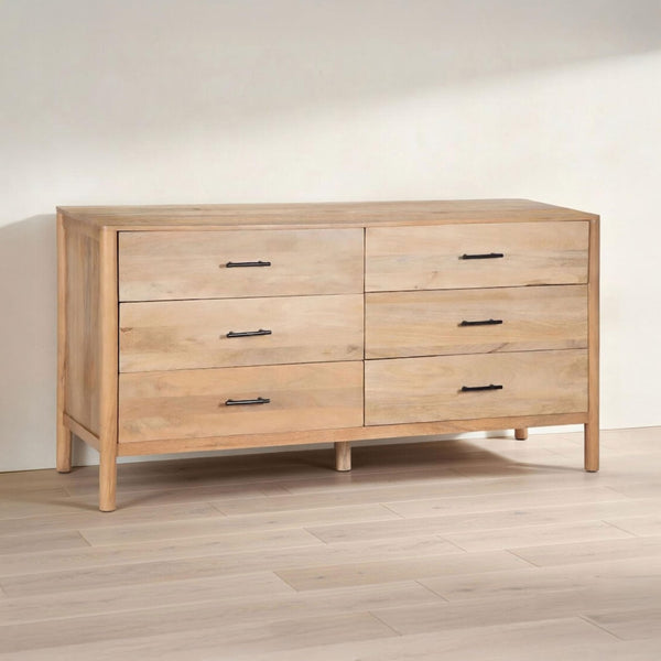 66-Inch Wide 6-Drawer Dresser – Natural Oak White Mango Wood