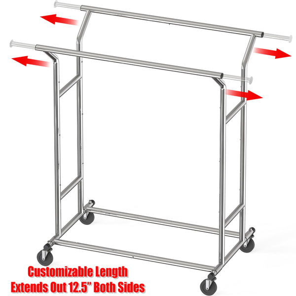 Heavy Duty Double Rail Garment Rack, 200 lb Capacity, Extendable Rod