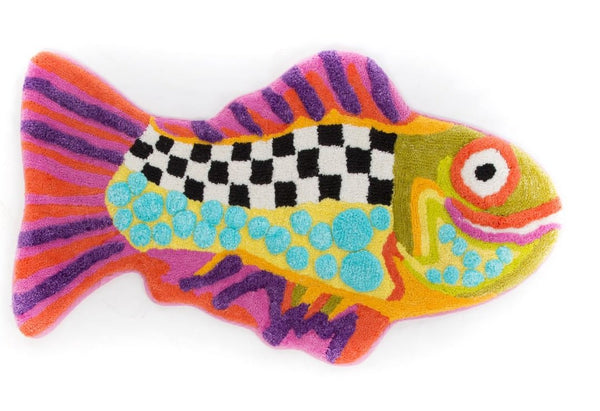 Happy Fish Oval Bath Rug – Cotton Pile Weave, 36" x 22"