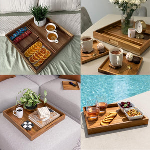 Large Square Acacia Wood Ottoman Serving Tray with Handles
