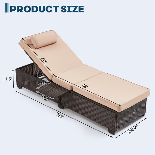 Outdoor PE Rattan Chaise Lounge Chair Set of 2 with Adjustable Backrest & Side Table