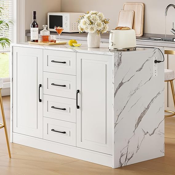 Kitchen Island with Storage Cabinets, Drawers & Power Outlet
