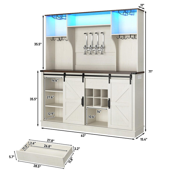 Farmhouse Coffee Bar Cabinet with LED Light & Sliding Barn Doors