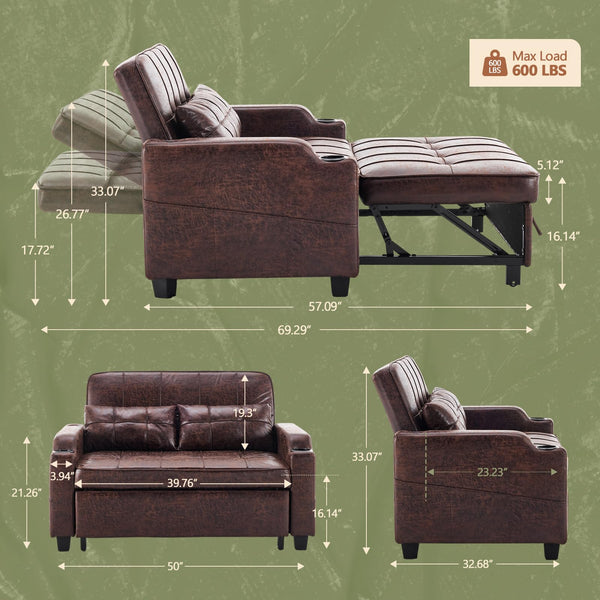 Convertible Sofa Bed with USB Ports & Cup Holders
