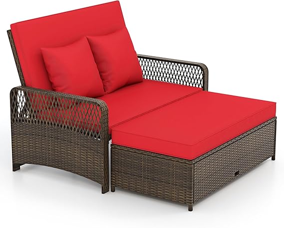 Patio Rattan Daybed Loveseat Set with Storage Ottoman & Cushions