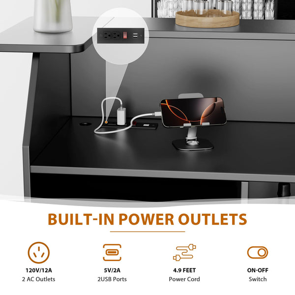 Home Bar Cabinet with Mini Fridge Space, Power Outlet & Wine Glass Holder