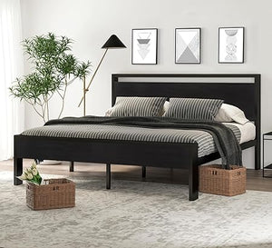 Metal Platform Bed Frame with Wooden Headboard & Footboard