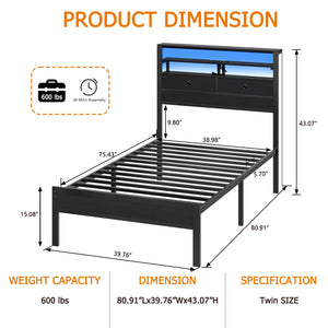 Platform Bed Frame with LED Lights, Charging Station & Storage Headboard