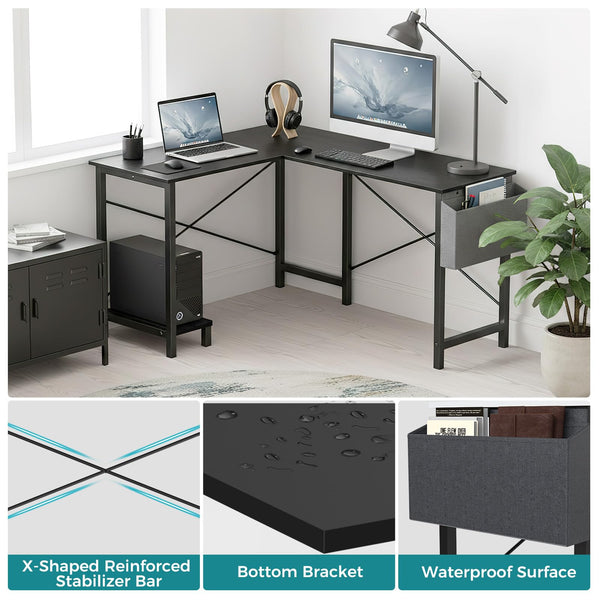 L-Shaped Corner Desk 50 Inch with Side Bag and Reversible CPU Shelf