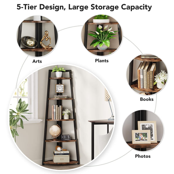 5-Tier Corner Shelf, 70-Inch Tall Industrial Bookcase & Plant Stand