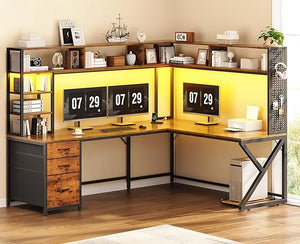 L-Shaped Gaming & Computer Desk with Storage, LED Lights & Power Outlet