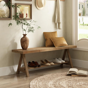 Solid Wood Farmhouse Entryway Bench with Storage Shelf