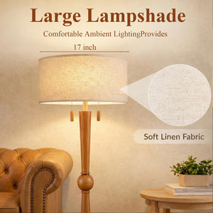 62.8" Wood Floor Lamp with 2-Light Pull Chain & Linen Drum Shade